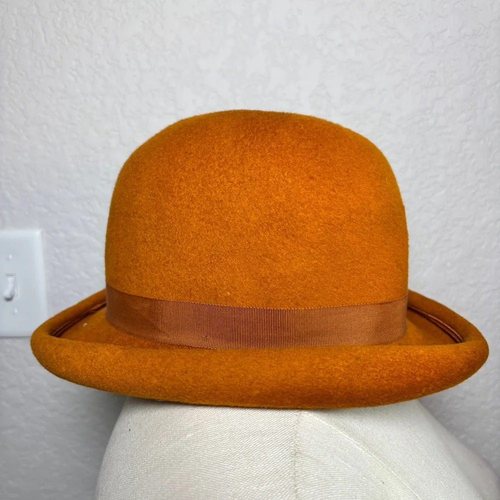 Vintage Union Made Wool Felt Bowler Derby Hat Burnt Orange Grosgrain Ribbon Bow - Picture 2 of 10